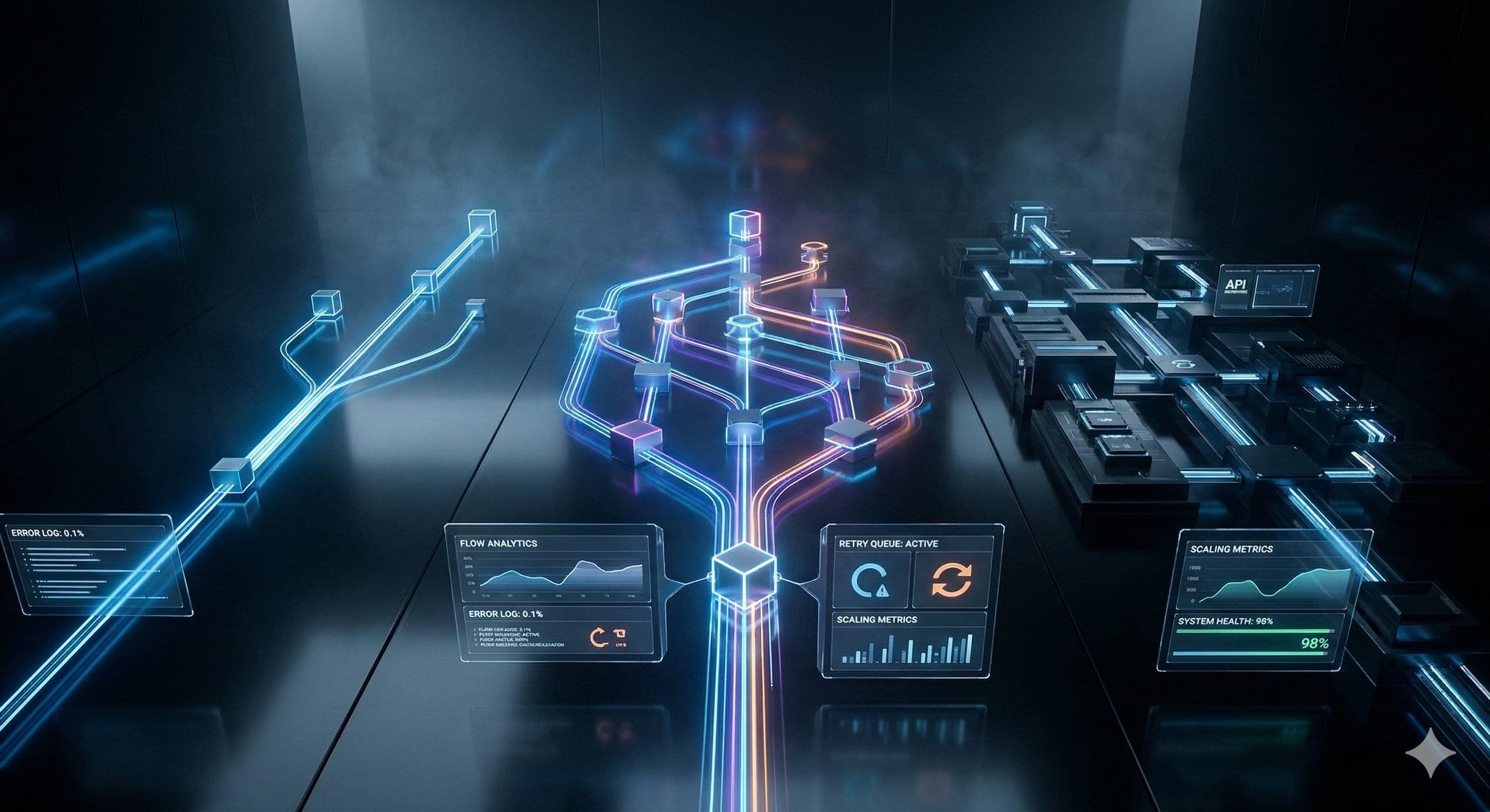 Workflow blueprint met geometrische nodes die automationtoolopties voorstellen