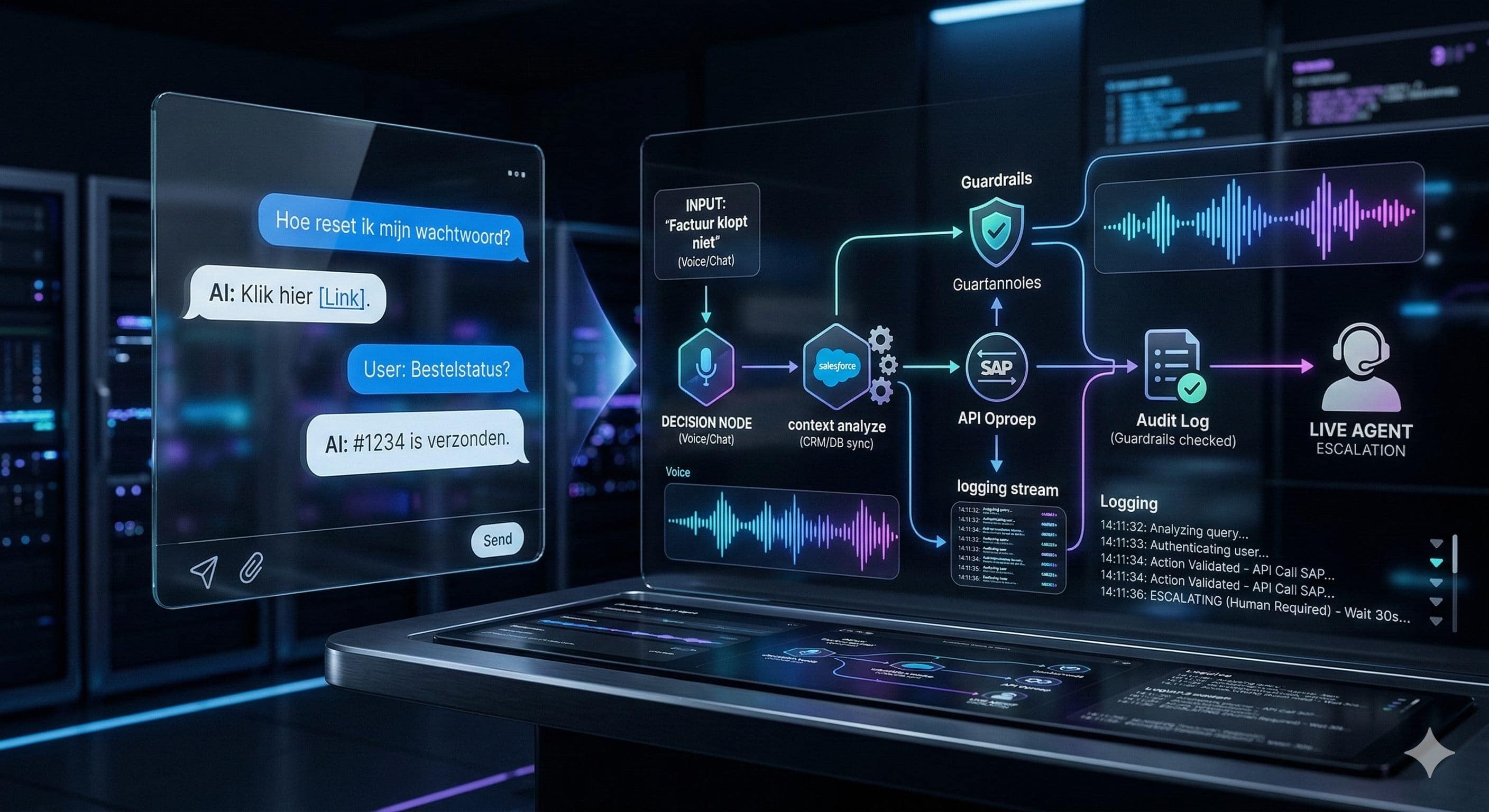 Abstract diagram van chat- en voice-interacties die overgaan in gestructureerde AI-workflows
