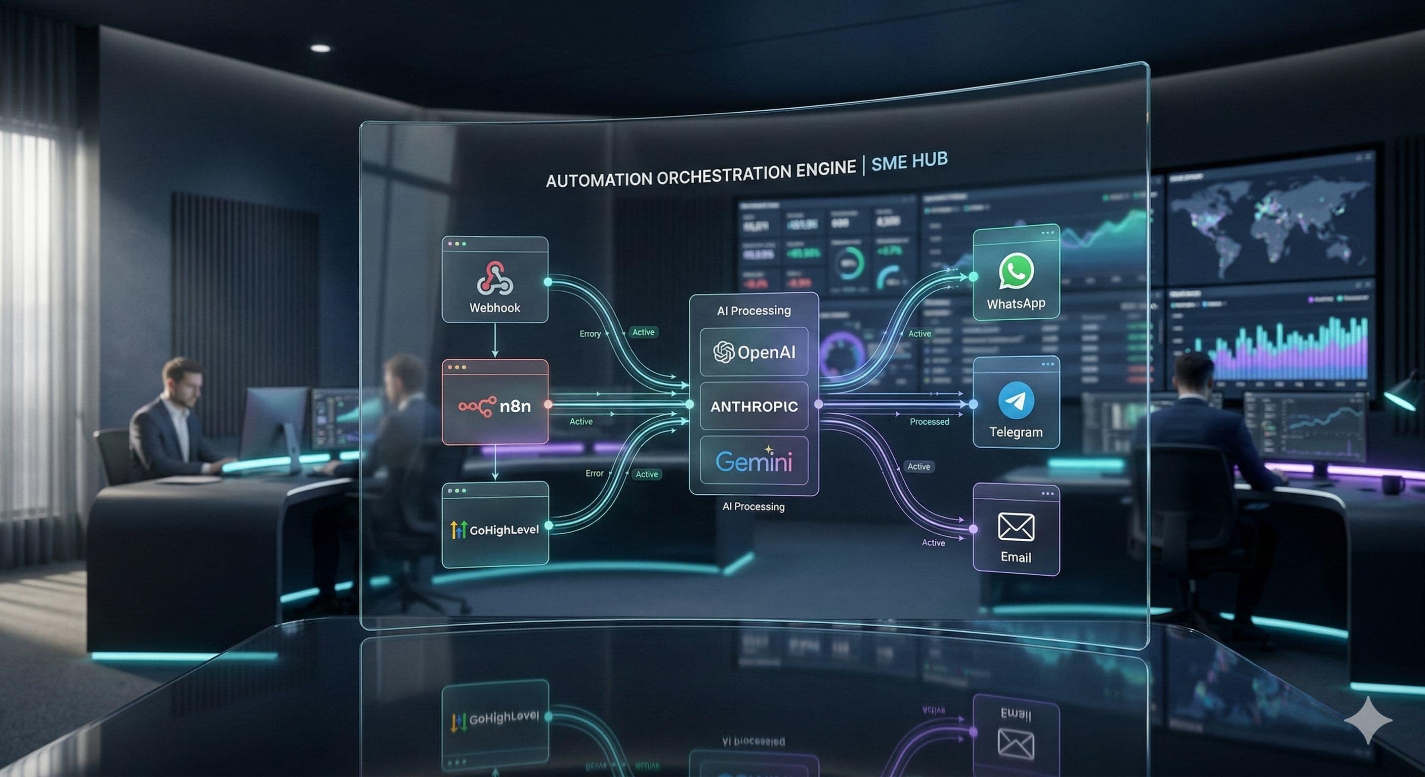 Workflow toolstack diagram voor AI-automatisering met n8n, GoHighLevel en LLM's