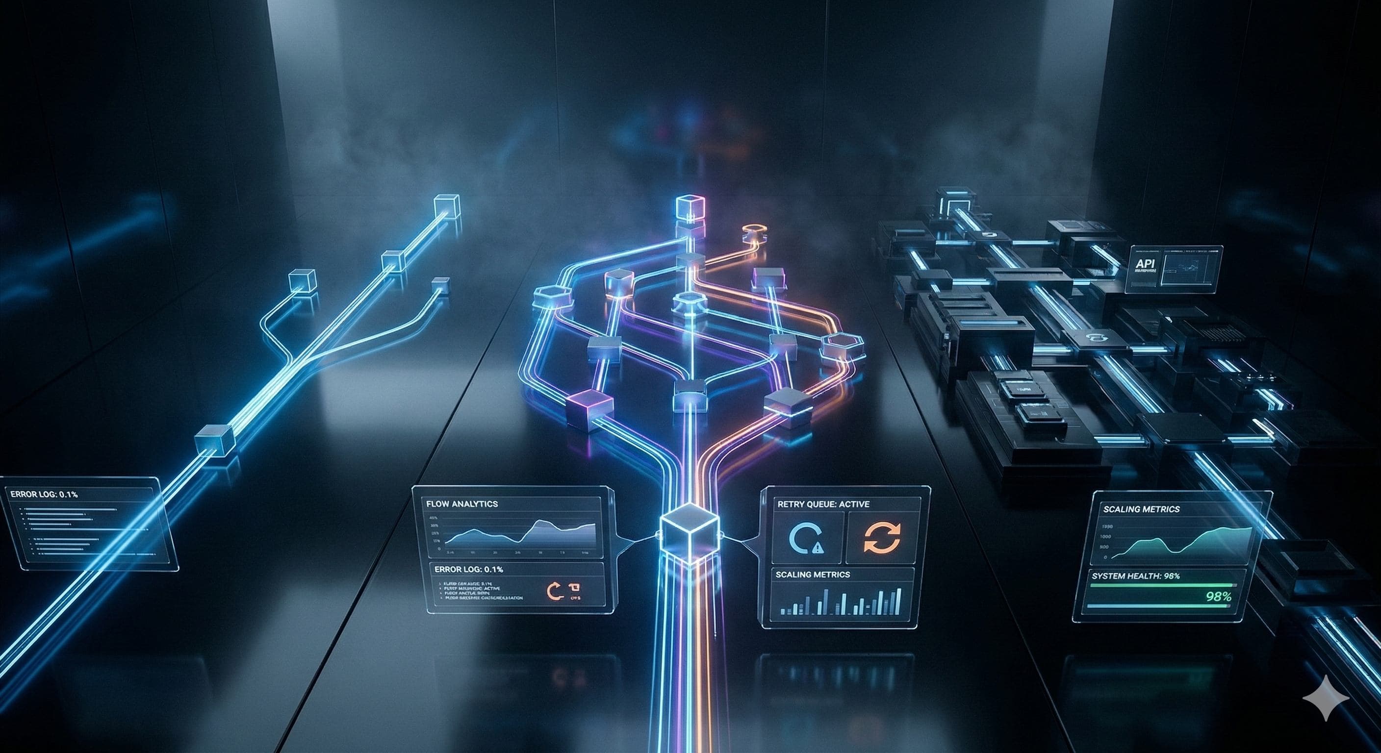 Workflow blueprint met geometrische nodes die automationtoolopties voorstellen