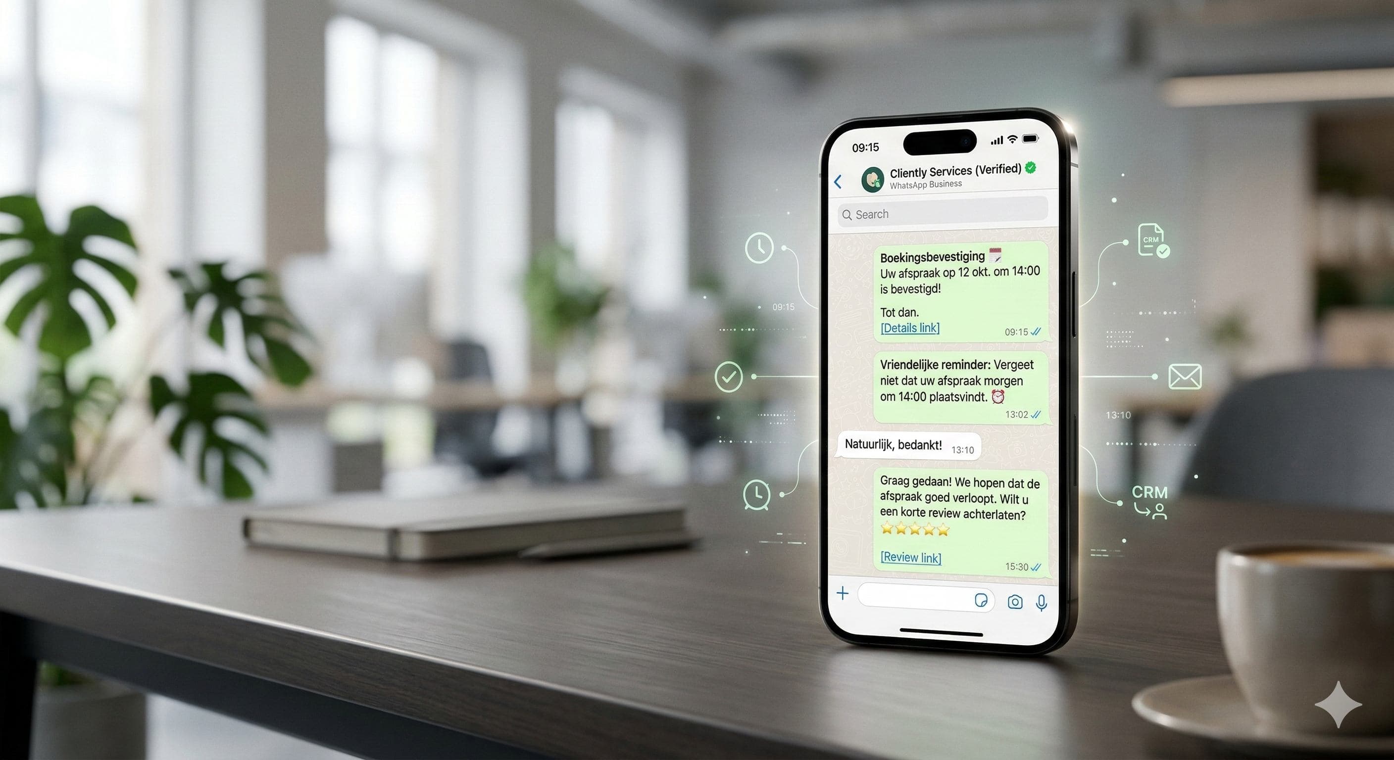 Minimale telefooninterface met gestructureerde zakelijke WhatsApp-berichtflows