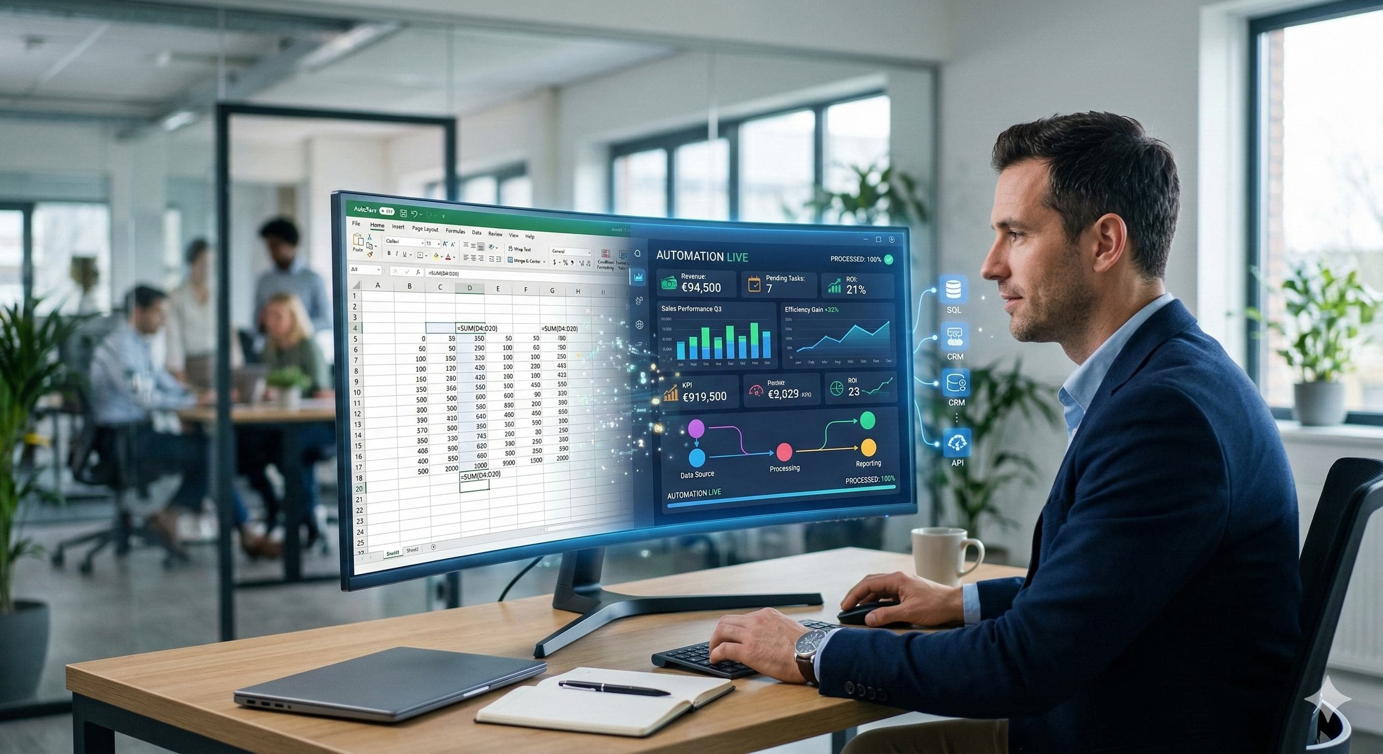 Spreadsheet grid transforming into a modern dashboard as a symbol of Excel automation without ERP
