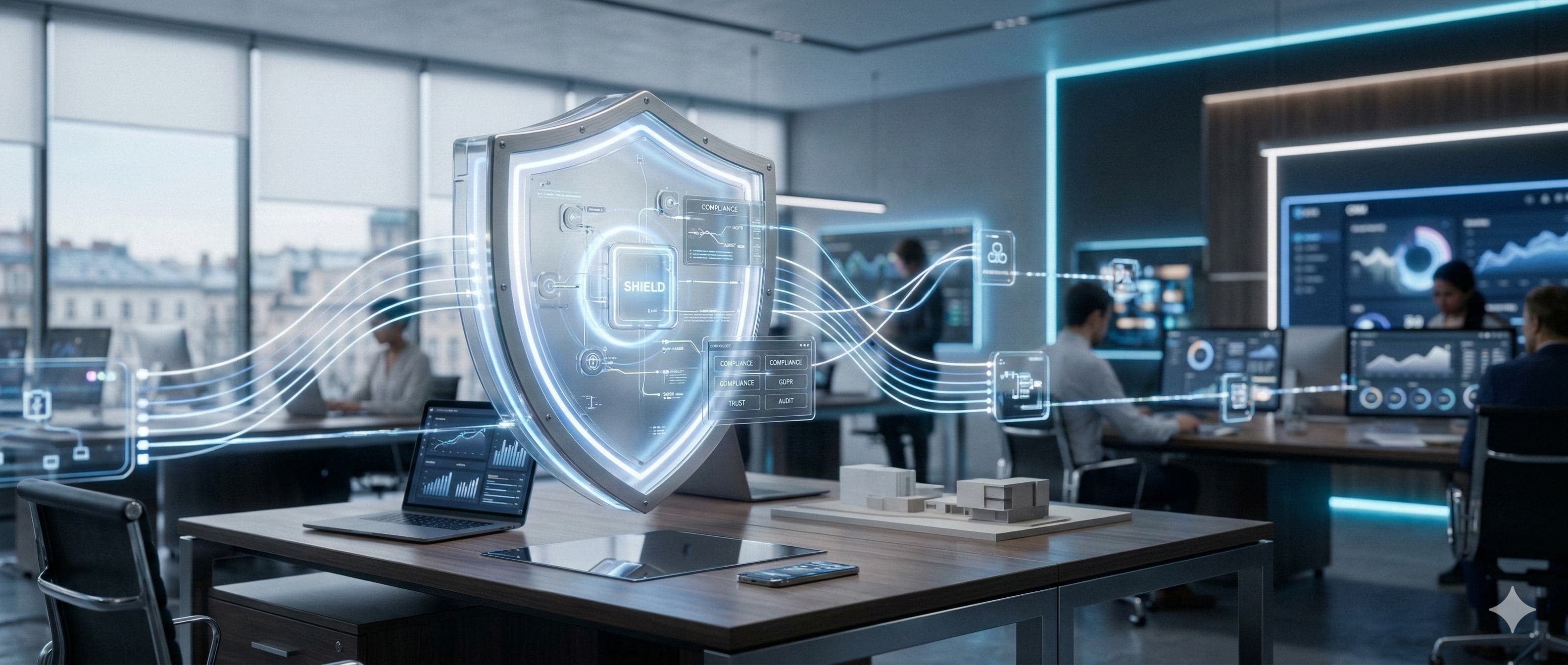 Abstract shield with workflow nodes representing responsible AI governance